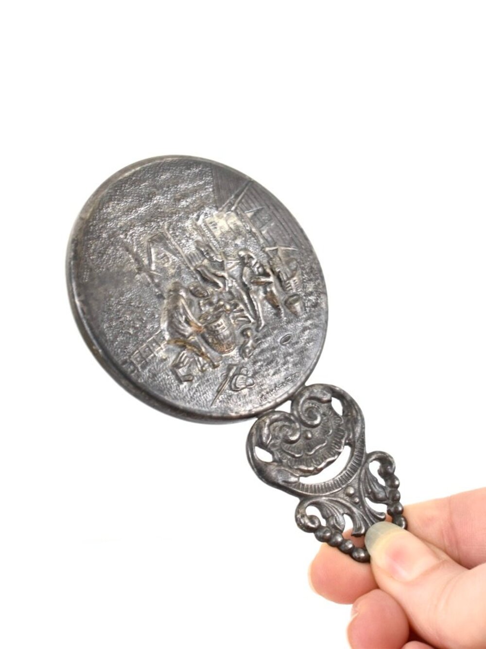 Hans Jensen Silver Plate Repousse Hand Mirror Antique Pocket Mirror